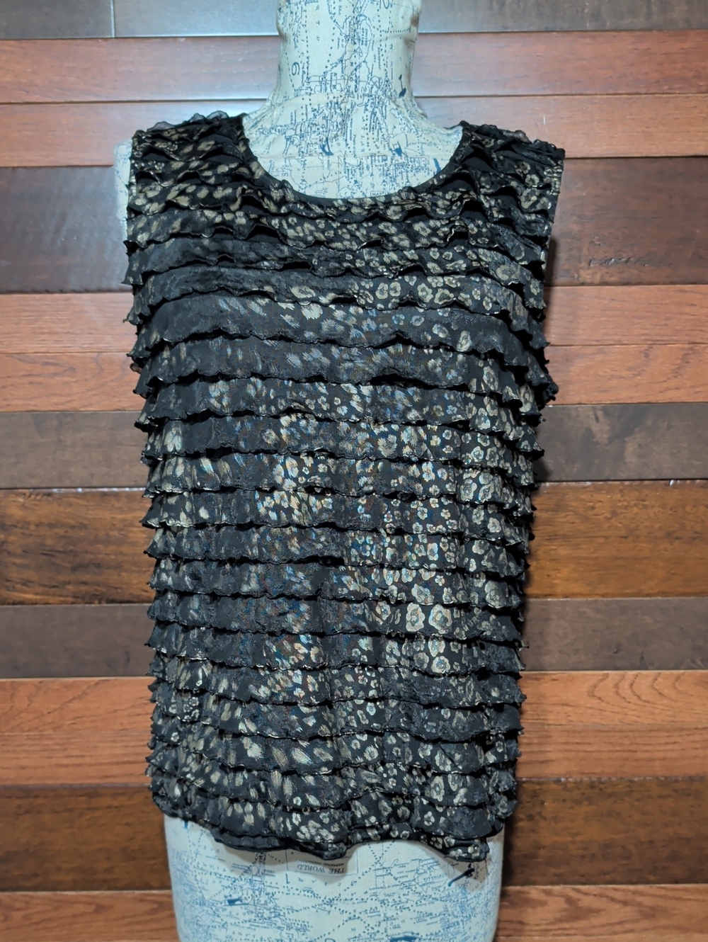 CJ Banks Black Ruffled Tank with Metallic Leopard Accents